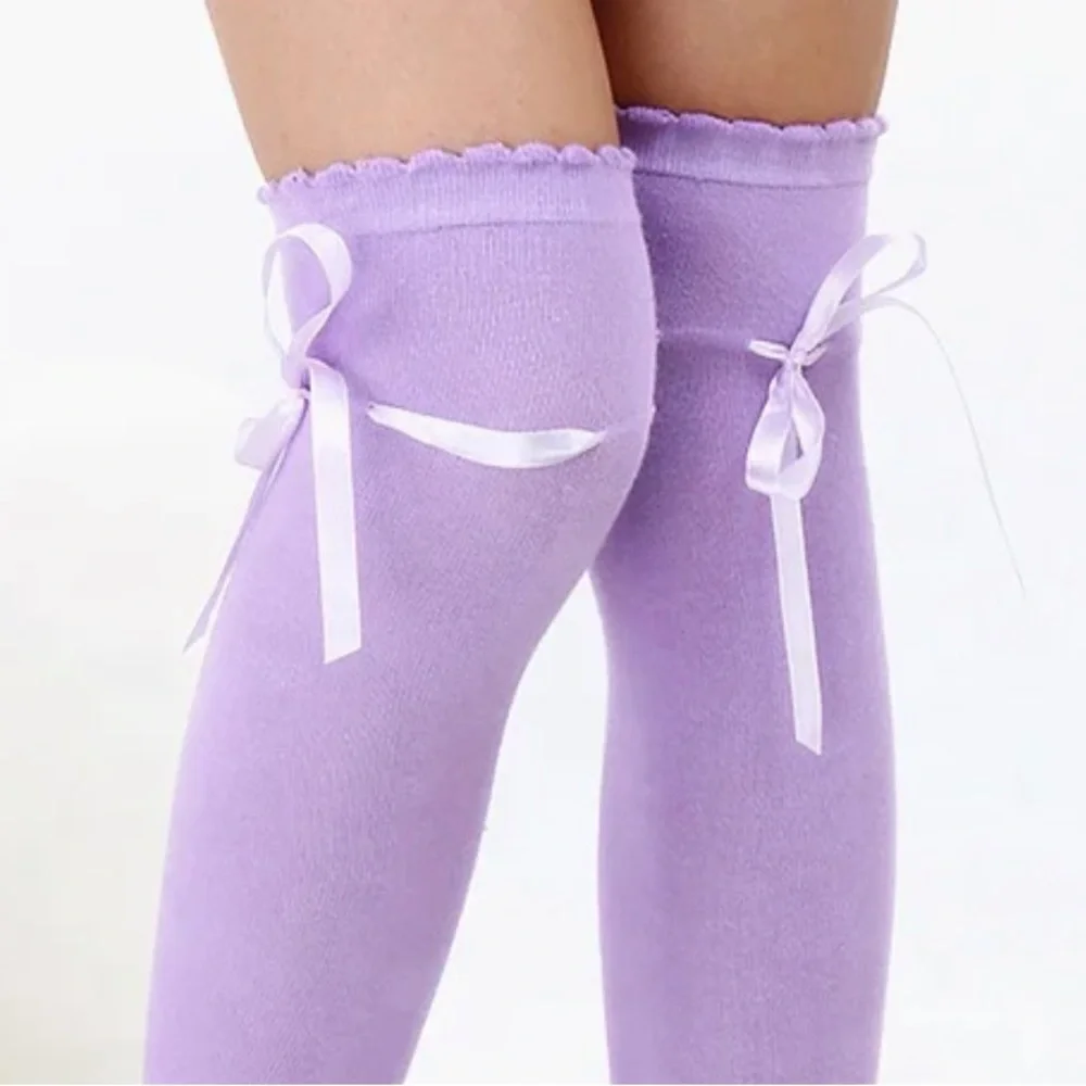 Over the Knee Socks with Ribbon Bow - lilac